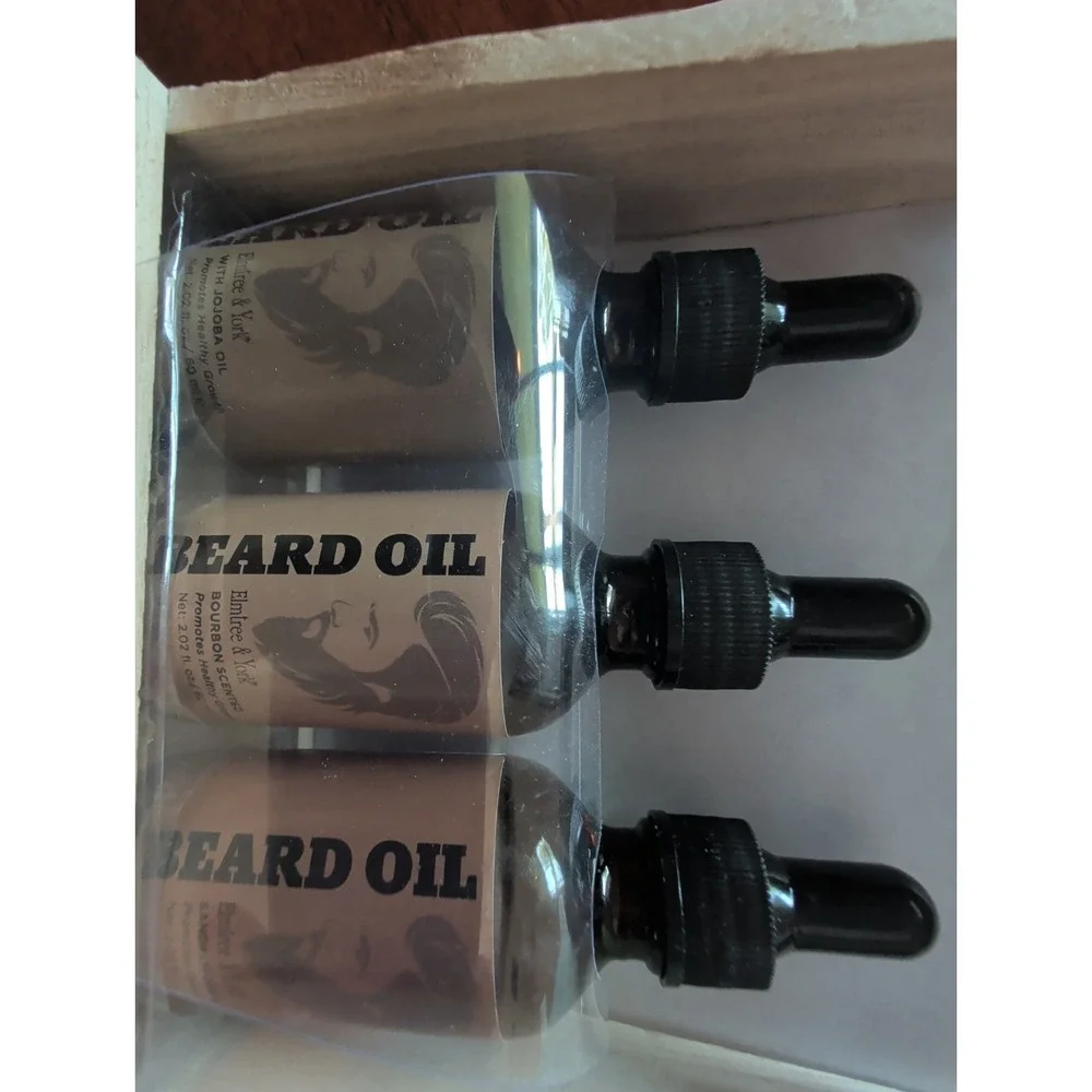Elmtree & York Beard Oil Kit For Him 3 Pack Wooden Caddy Gift Set